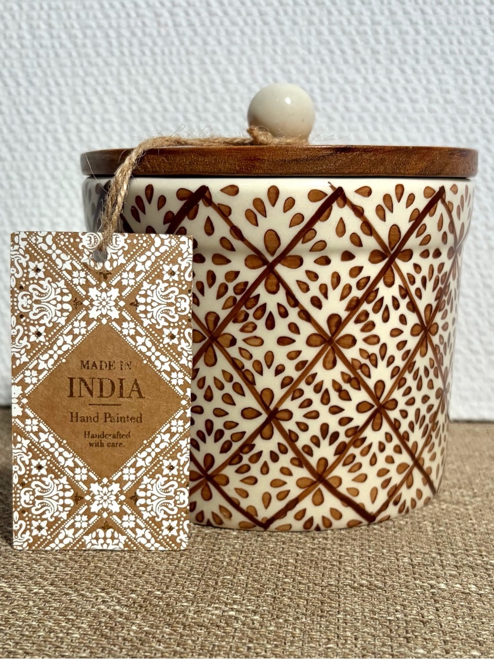 Ceramic Jar with Wood Lid - Hand-Painted Brown & Cream